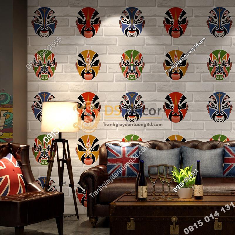Giấy dán tường mặt nạ tuồng chèo 3D316 tông trắng