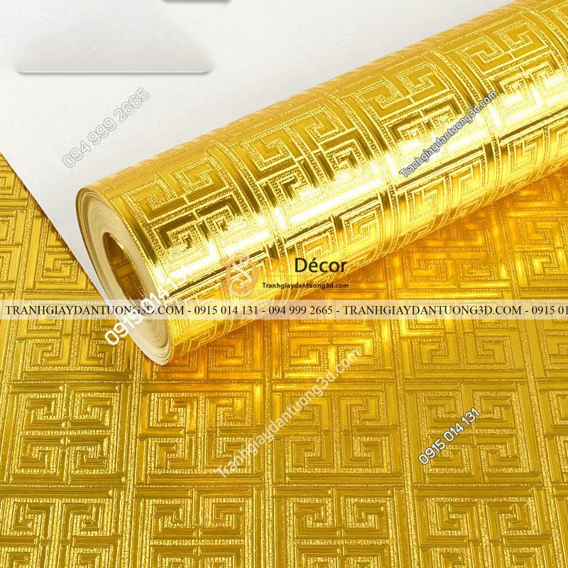 Giấy dán tường phòng thờ móc vuông vàng gân nổi 3D318