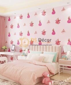 Giấy dán tường công chúa 3D322 phòng của bé màu hồng