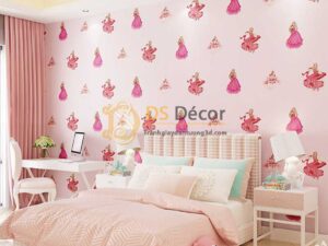 Giấy dán tường công chúa 3D322 phòng của bé màu hồng