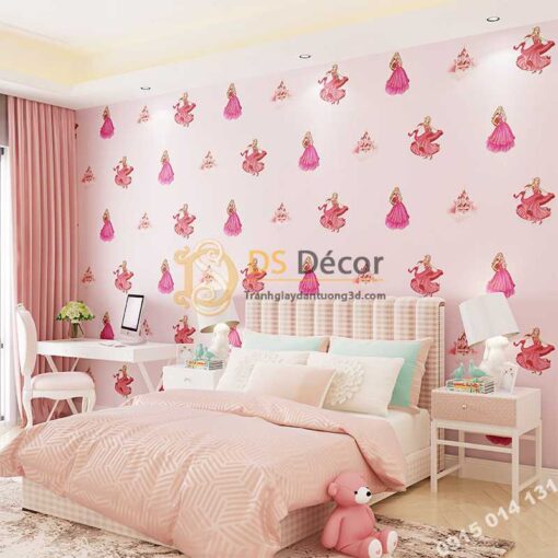 Giấy dán tường công chúa 3D322 phòng của bé màu hồng