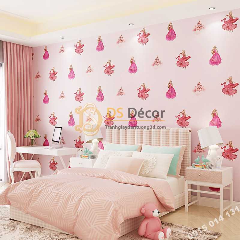 Giấy dán tường công chúa 3D322 phòng của bé màu hồng