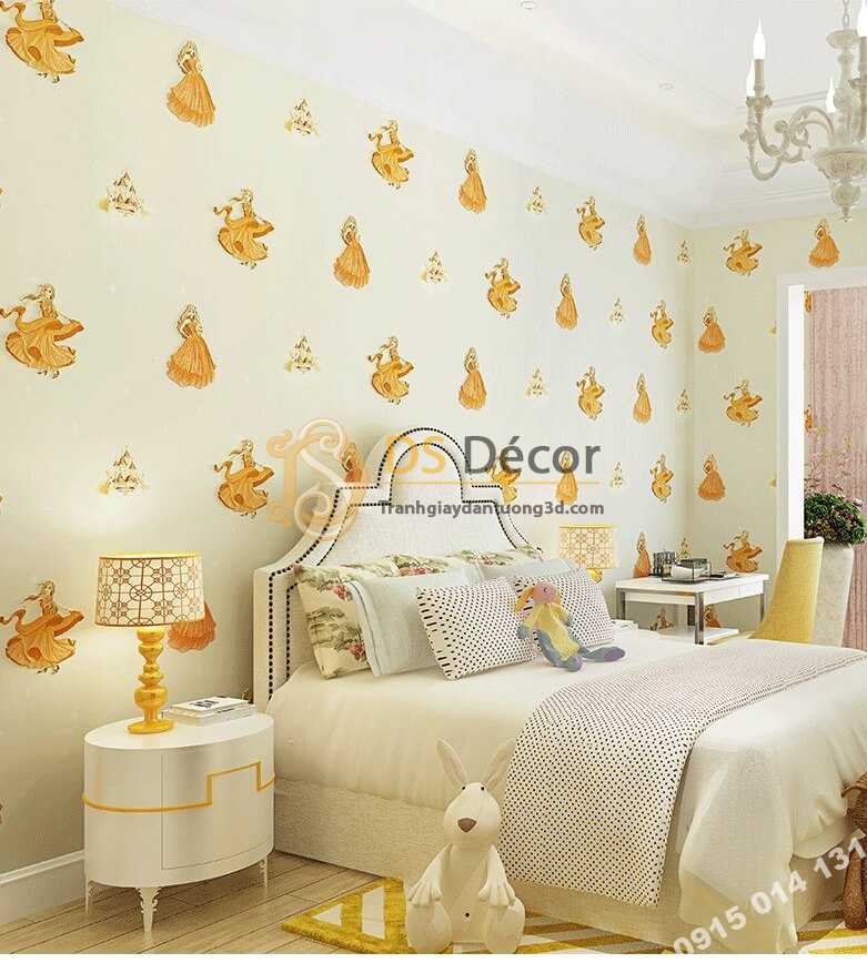 Giấy dán tường công chúa 3D322 phòng của bé màu vàng