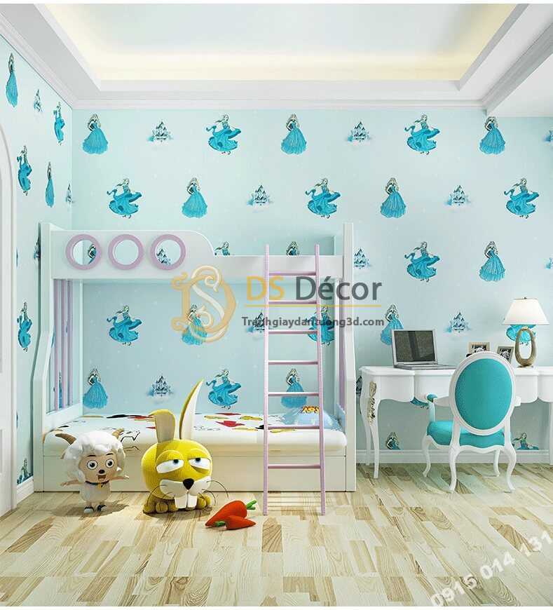 Giấy dán tường công chúa 3D322 phòng của bé màu xanh