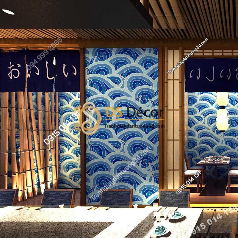 Giấy dán tường hoa tiết sóng biển xanh kiểu Nhật Bản 3D327