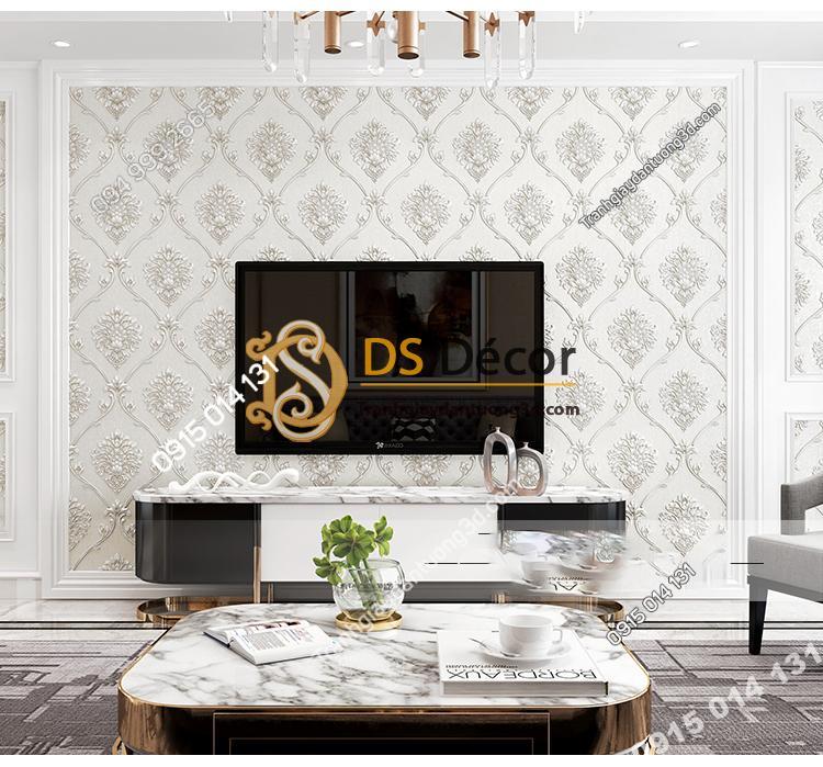 Giấy dán tường hoa Châu âu cổ điển sang trọng 3D333 màu trắng phòng khách
