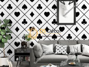 Giấy dán tường họa tiết bài tây trắng đen trang trí phòng khách 3D334