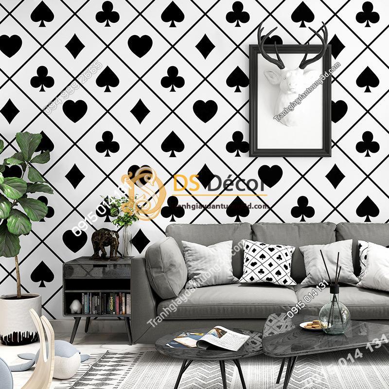 Giấy dán tường họa tiết bài tây trắng đen trang trí phòng khách 3D334