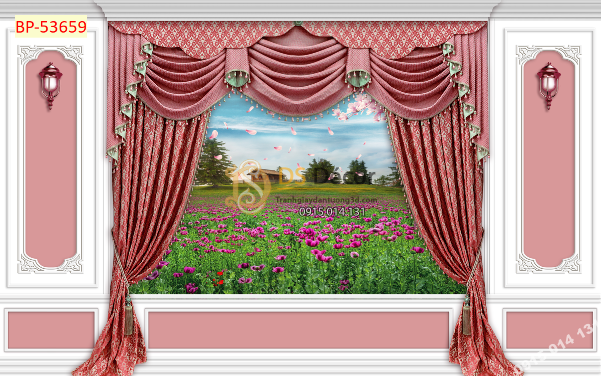 Tranh dán tường giả rèm Châu Âu màu hồng
