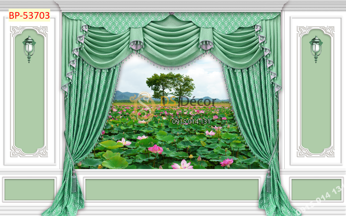 Tranh dán tường giả rèm Châu Âu cảnh hồ sen