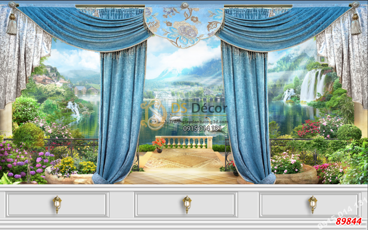 Tranh dán tường giả rèm cảnh hồ nước