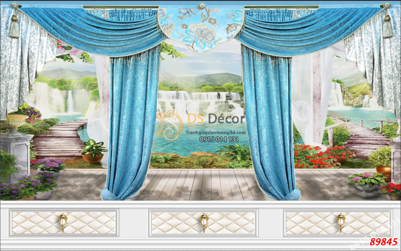 Tranh dán tường giả rèm cảnh hồ nước