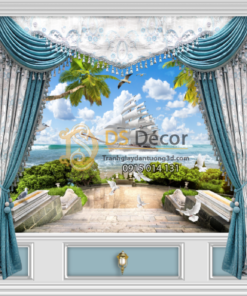 Tranh dán tường giả rèm cảnh thuyền và biển