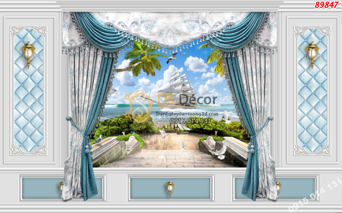 Tranh dán tường giả rèm cảnh thuyền và biển
