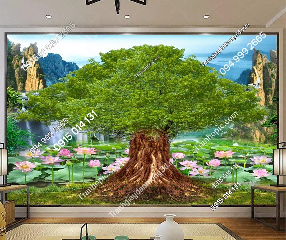 Tranh cây bồ đề và hoa sen dán tường phòng thờ TPT012