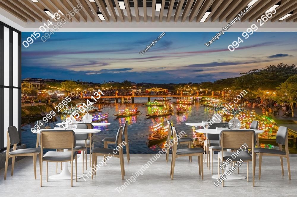 Tranh dán tường 3D cảnh thuyền đèn lồng trên sông Hội An 2134950147