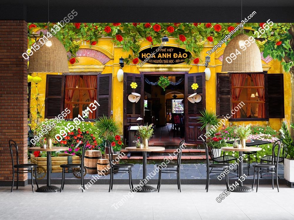 Tranh dán tường quán cafe phong cách Hội An tường vàng 5349
