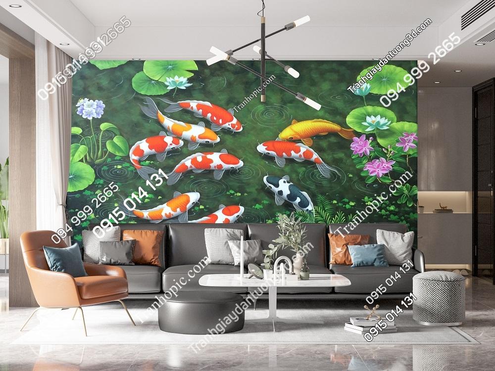 Tranh cá chép và hoa súng 3D dán phòng khách 34657