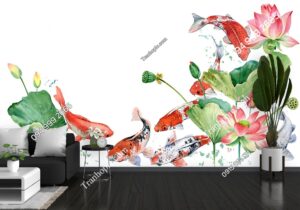 Tranh dán tường cá chép Koi và hoa sen 803378442