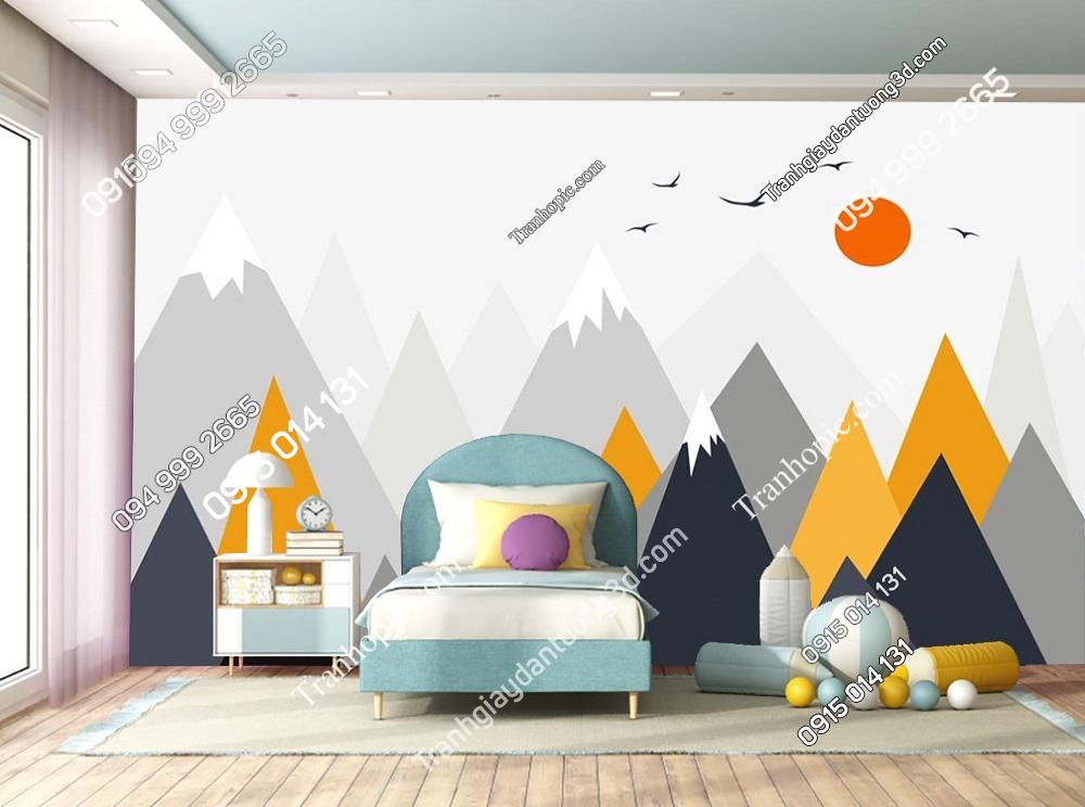 Tranh núi chim mặt trời dán tường phòng bé 2460518263