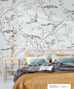 Giấy dán tường indochine chim hạc và hoa trang trí phòng ngủ 3905-1
