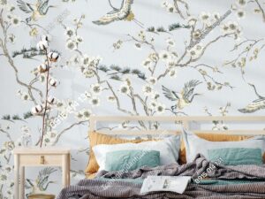Giấy dán tường indochine chim hạc và hoa trang trí phòng ngủ 3905-1
