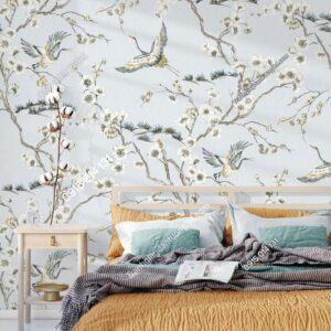 Giấy dán tường indochine chim hạc và hoa trang trí phòng ngủ 3905-1