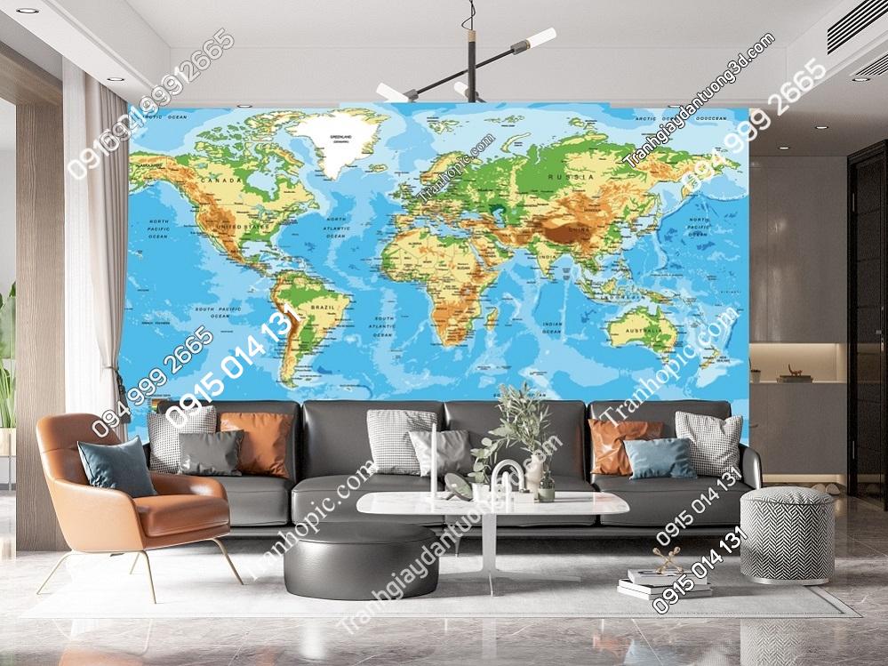 Tranh dán tường 3D bản đồ thế giới dán phòng khách