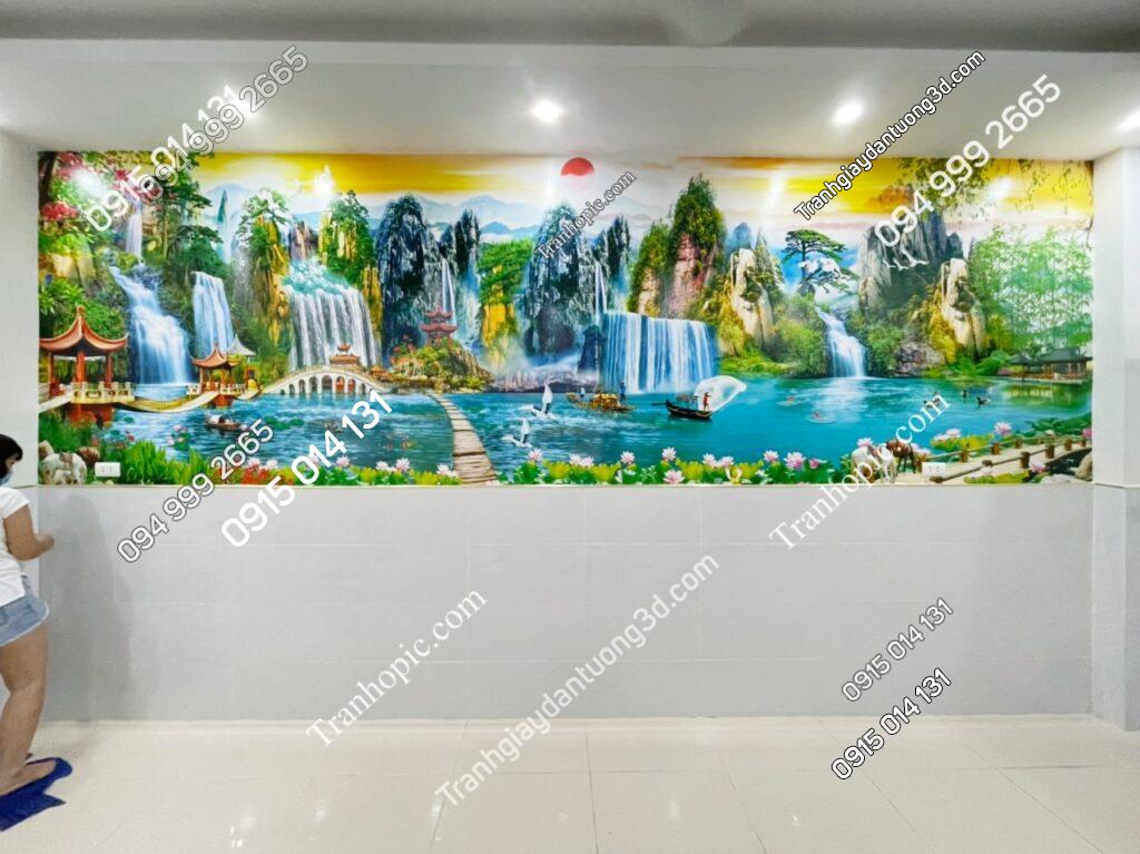 Tranh dán tường sơn thủy khổ dài phòng khách in 5D đẹp