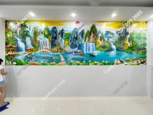 Tranh dán tường sơn thủy khổ dài phòng khách in 5D đẹp