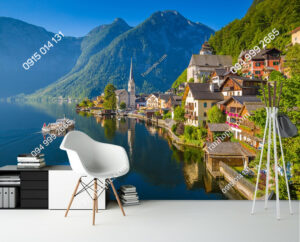 Tranh dán tường cảnh bờ hồ Hallstatt nổi tiếng ở dãy Alps của Áo buổi sáng tuyệt đẹp lúc bình minh vào một ngày nắng mùa hè 683691666