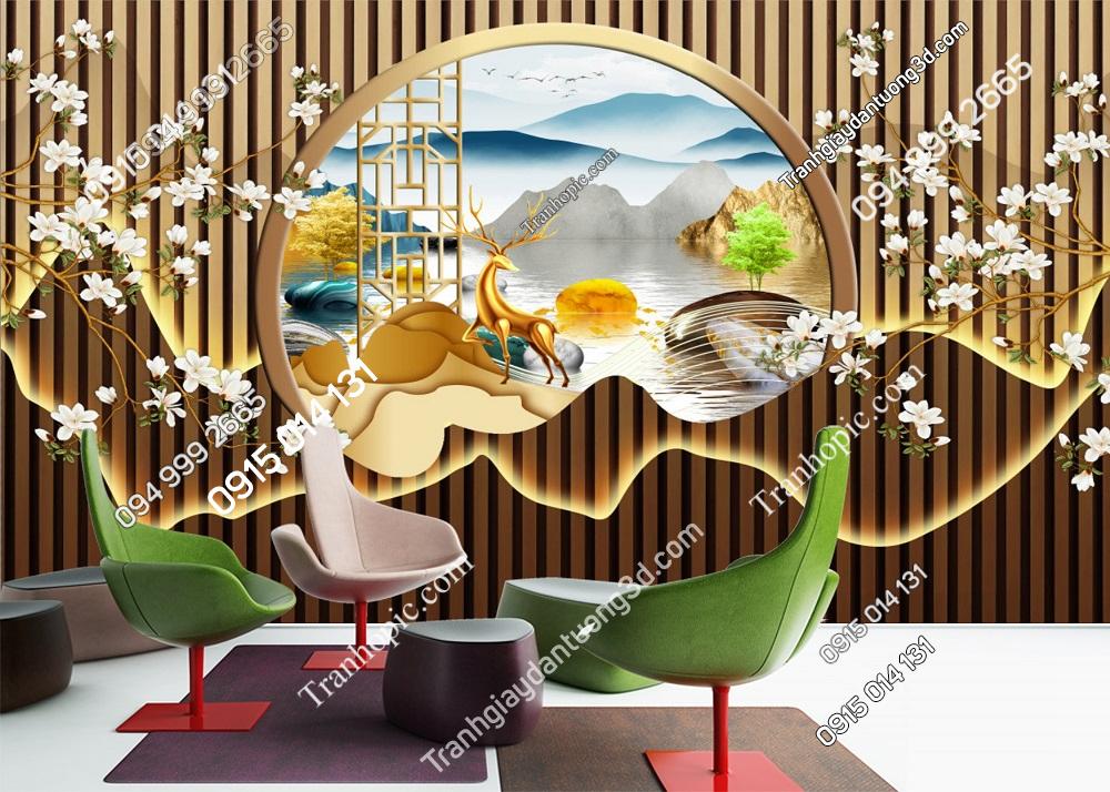Tranh lam sóng hiện đại hươu và hoa dán tường 3152024