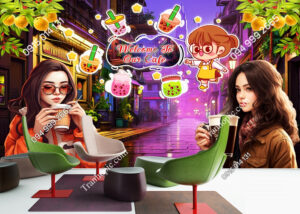 Tranh dán tường cafe trà sữa hẻm phố và cô gái xinh GMD2342024
