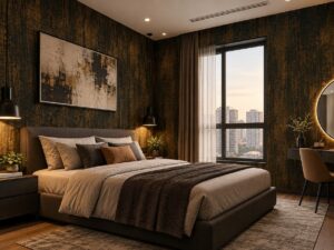 Giấy dán tường đen nâu hiệu ứng gỉ sét trang trí xung quanh phòng ngủ chung cư sk21862