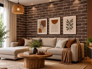 Giấy dán tường gạch đá nâu đậm trang trí tường phòng khách sk00023