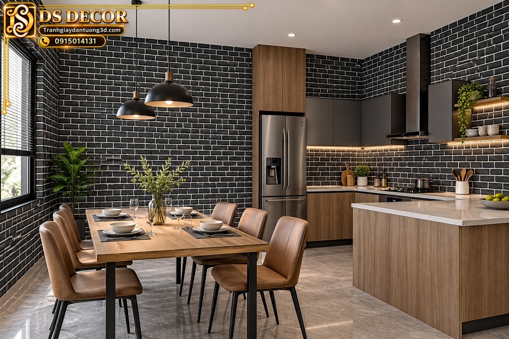 Giấy dán tường gạch thẻ đen phong cách industrial cho phòng bếp ăn sk22024