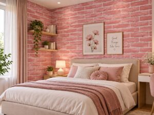 Giấy dán tường gạch thẻ hồng trang trí tường phòng ngủ sk00019