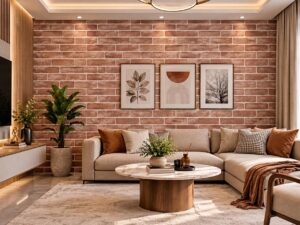 Giấy dán tường gạch thẻ màu nâu đỏ trang trí phòng khách sk00024
