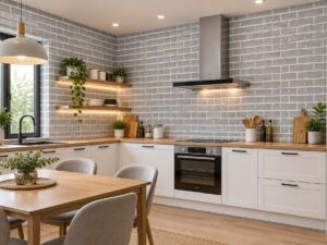 Giấy dán tường gạch thẻ xám sáng trang trí xung quanh phòng bếp sk21358