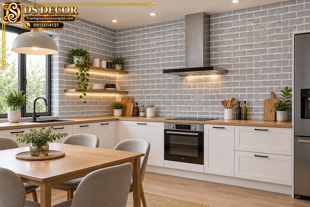 Giấy dán tường gạch thẻ xám sáng trang trí xung quanh phòng bếp sk21358