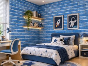 Giấy dán tường gạch thẻ xanh dương trang trí tường phòng ngủ bé trai sk00003