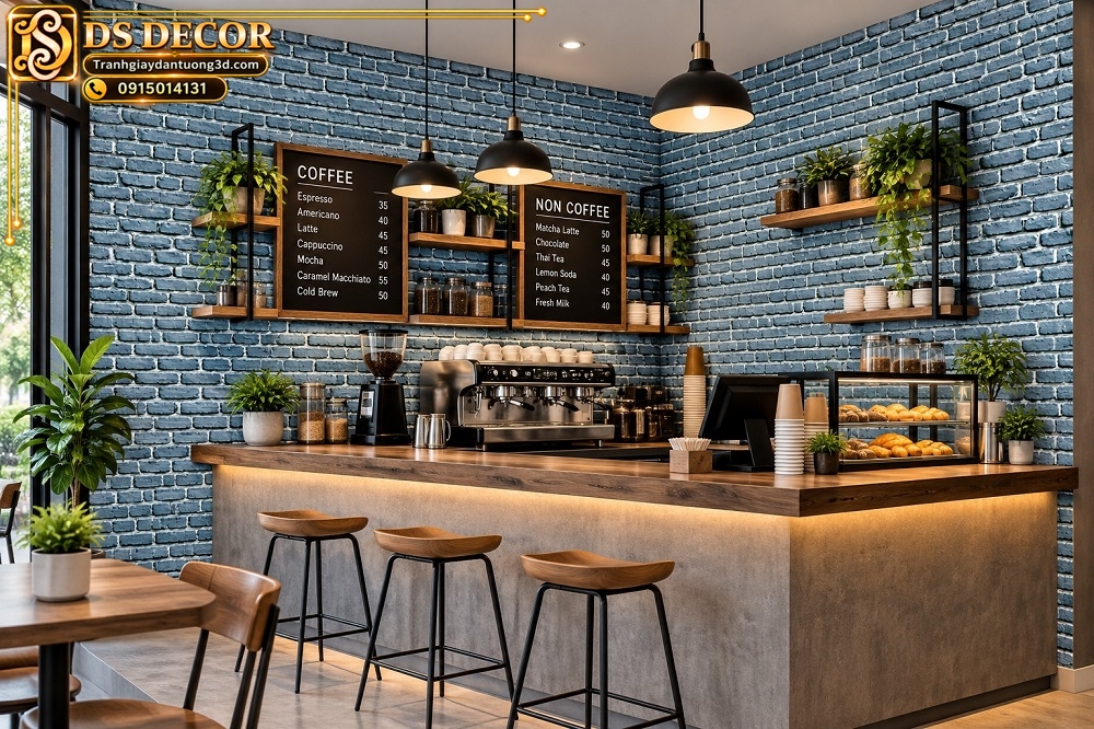 Giấy dán tường gạch thẻ xanh xám trang trí quầy pha cà phê sk00028