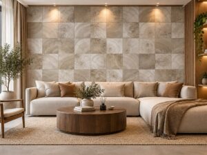 Giấy dán tường giả gỗ cắt lát màu be xám trang trí phòng khách sk22380