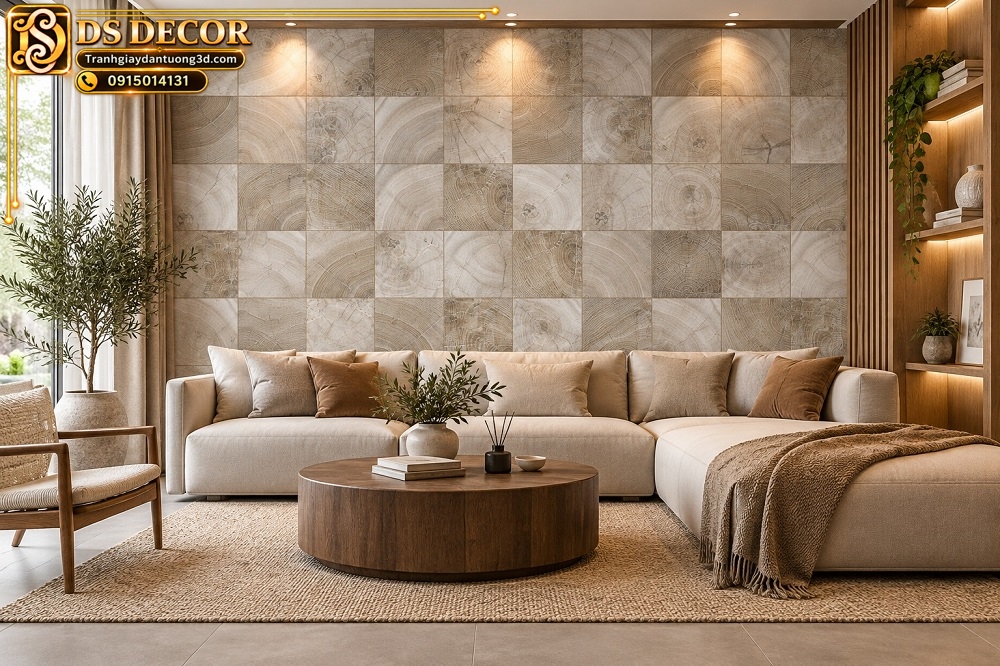 Giấy dán tường giả gỗ cắt lát màu be xám trang trí phòng khách sk22380