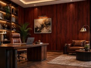 Giấy dán tường giả gỗ đỏ nâu vân tự nhiên trang trí phòng làm việc sk21231
