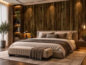 Giấy dán tường giả gỗ nâu đậm vân gỗ tự nhiên trang trí phòng ngủ sk04199
