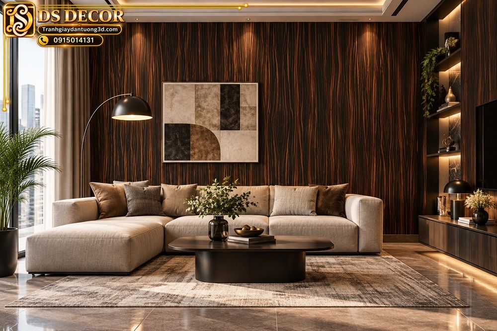 Giấy dán tường giả gỗ nâu đen vân sọc trang trí phòng khách sk04286