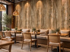Giấy dán tường giả gỗ nâu vàng vân gỗ cũ trang trí quán cafe sk18564