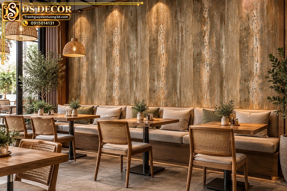 Giấy dán tường giả gỗ nâu vàng vân gỗ cũ trang trí quán cafe sk18564