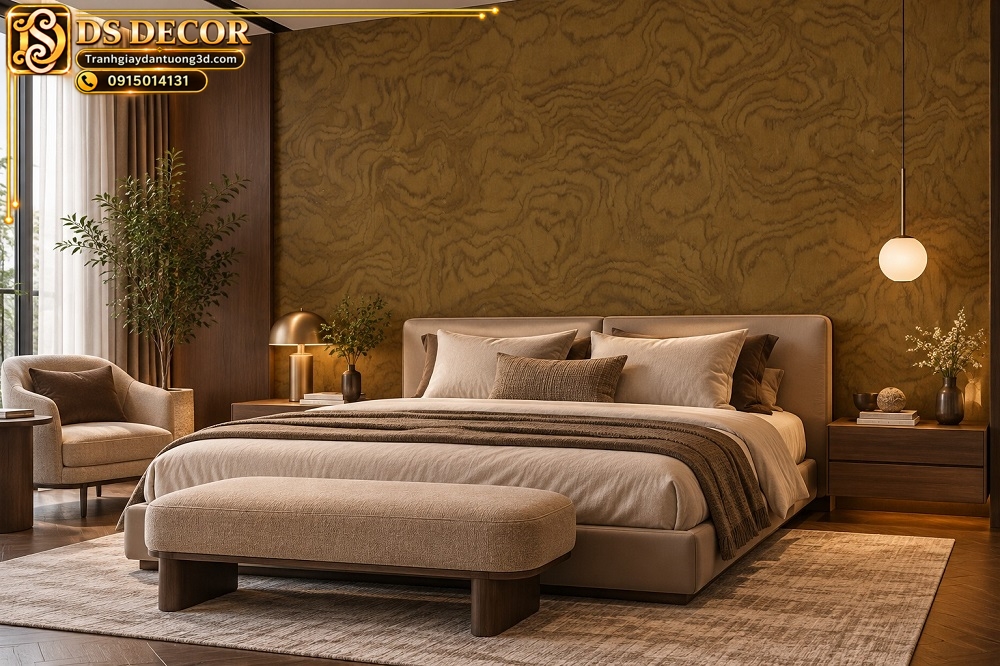 Giấy dán tường giả gỗ nâu vàng vân nu tự nhiên trang trí phòng ngủ sk04263
